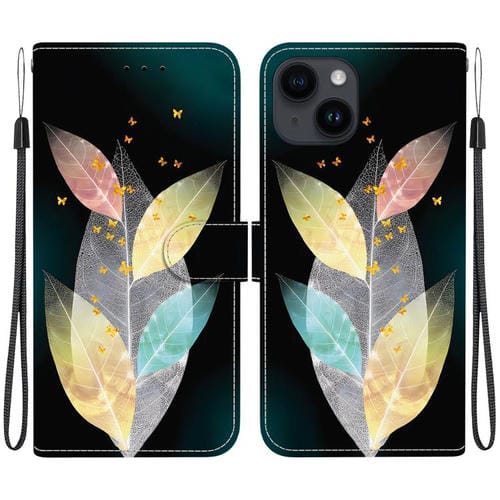 Funda de Cuero para iPhone 15 con Dibujo de Hojas de Colores y Textura de Cristal