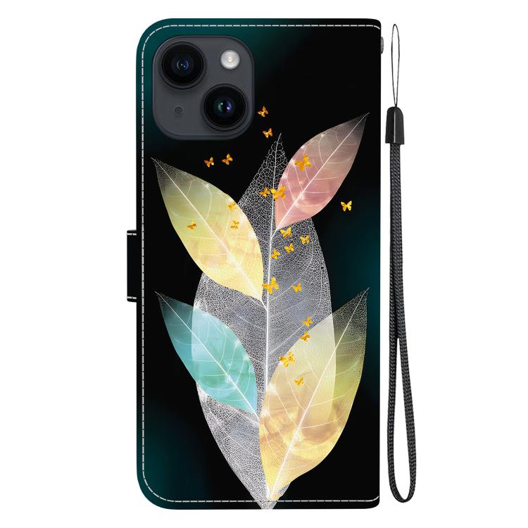 Funda de Cuero para iPhone 14 con Dibujo de Colores y Textura de Cristal (Hojas de Colores)