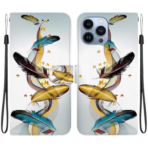 Funda de Cuero para iPhone 14 Pro Max con Dibujo de Colores y Textura de Cristal (Plumas de Mariposa Doradas)