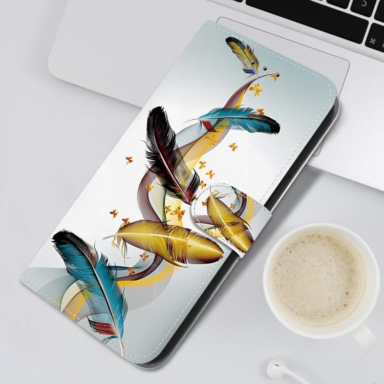 Funda de Cuero para iPhone 14 Pro Max con Dibujo de Colores y Textura de Cristal (Plumas de Mariposa Doradas)