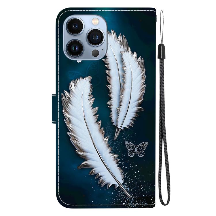 Funda de Cuero con Dibujo de Colores y Textura de Cristal para iPhone 14 Pro Max (Plumas de Mariposa Blancas)