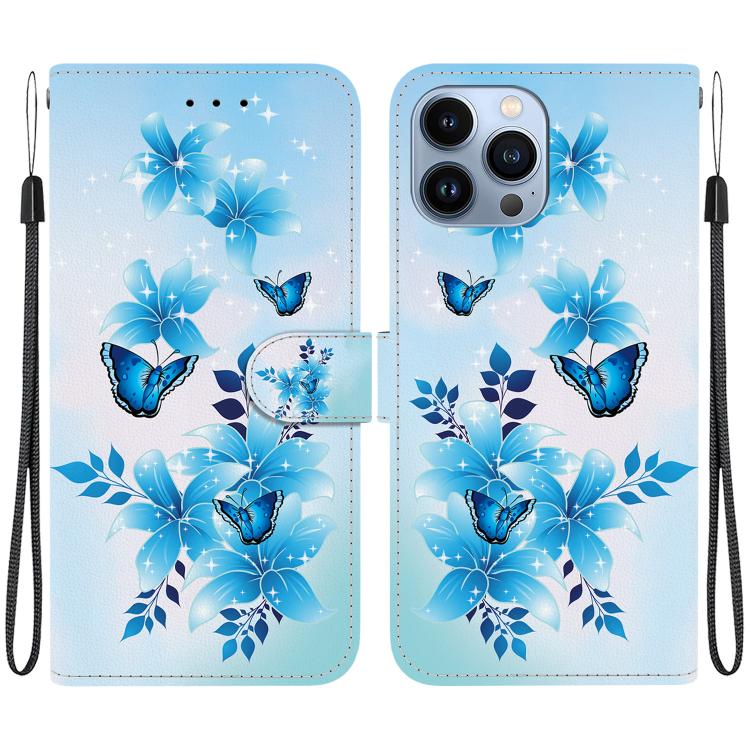 Funda de Cuero para iPhone 14 Pro Max con Dibujo de Colores y Textura de Cristal (Mariposas Azules)