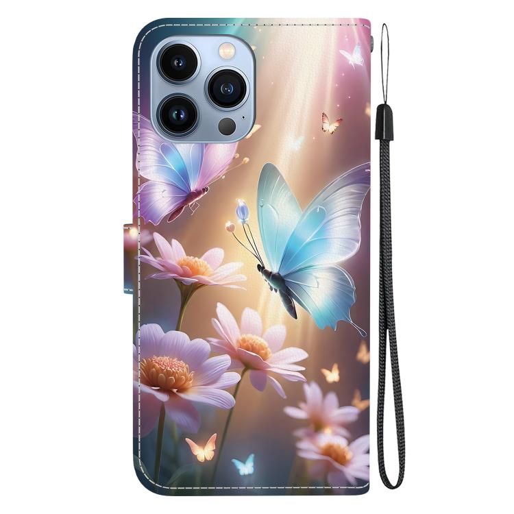 Funda de Cuero para iPhone 14 Pro Max con Dibujo de Colores y Textura de Cristal (Mariposa, Amor, Flor)