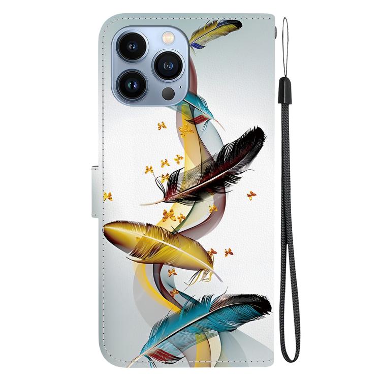 Funda de Cuero para iPhone 13 Pro con Dibujo de Colores y Textura de Cristal (Plumas de Mariposa Doradas)