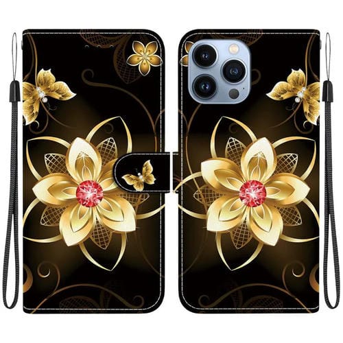 Funda de Cuero para iPhone 12/12 Pro con Dibujo de Colores y Textura de Cristal (Flor Dorada)