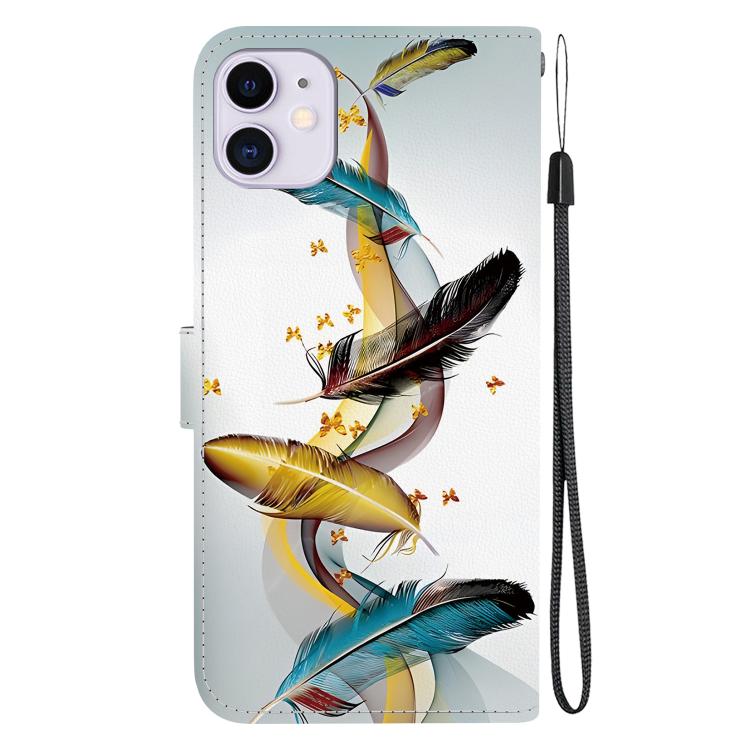 Funda de Cuero para iPhone 11 con Dibujo de Colores y Textura de Cristal (Plumas de Mariposa Doradas)
