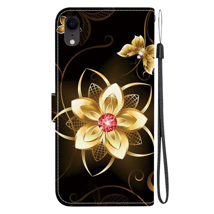 Funda de Cuero iPhone Xr Dibujo de Colores Textura de Cristal (Flor Dorada)