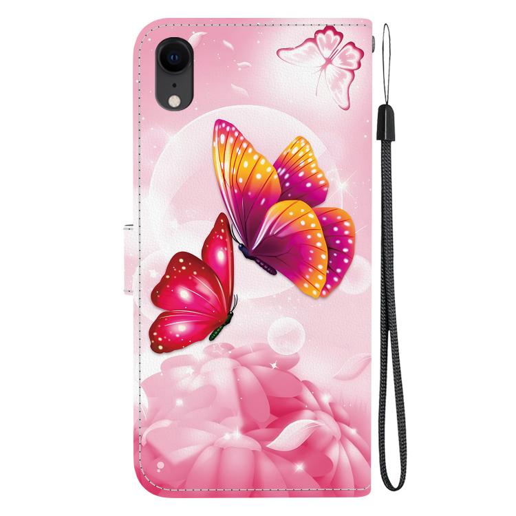 Funda de Cuero para iPhone Xr con Dibujo de Colores y Textura de Cristal (Mariposas Rosas)