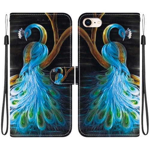 Funda de Cuero para iPhone 7/8/SE 2022 con Dibujo de Colores y Textura de Cristal (Pavo Real)
