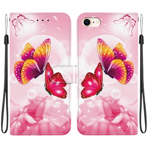 Funda de Cuero iPhone 7/8/Se 2022 Dibujo Colores Textura Cristal (Mariposas Rosas)
