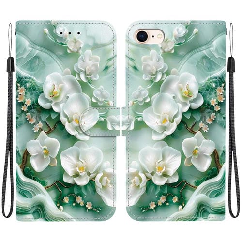 Funda de Cuero para iPhone 7/8/Se 2022 con Dibujo de Colores y Textura de Cristal (Flores de Jade)