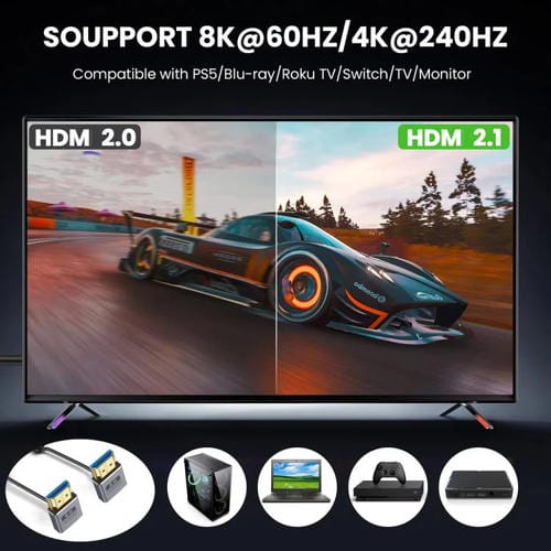 Cable HDMI 2.1 Coaxial en Espiral 0,7 m 8K 48 Gbps Puerto Codo Inferior a Inferior