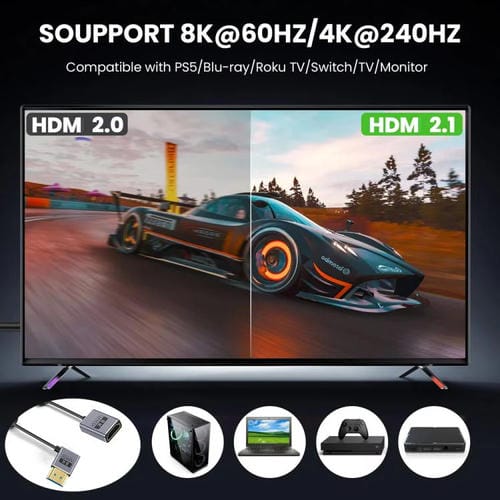 Cable HDMI 2.1 Coaxial en Espiral 0,7 m 8K 48 Gbps Puerto Macho a Hembra Codo Derecho