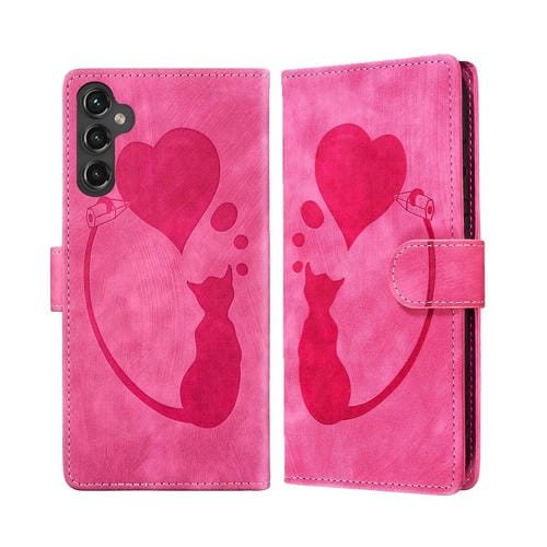 Funda de piel con relieve de gato y corazón para Samsung Galaxy A17 5G / A26 5G (rosa)