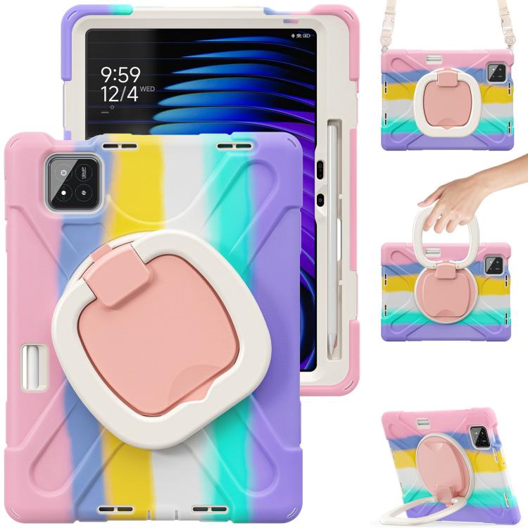 Funda Híbrida de Silicona para Tableta Xiaomi Pad 7/7 Pro con Soporte y Correa para El Hombro (Rosa Colorido)