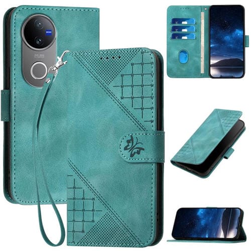Funda de Cuero con Estampado de Mariposas En Relieve y Cordón para Vivo V50 (Azul Claro)