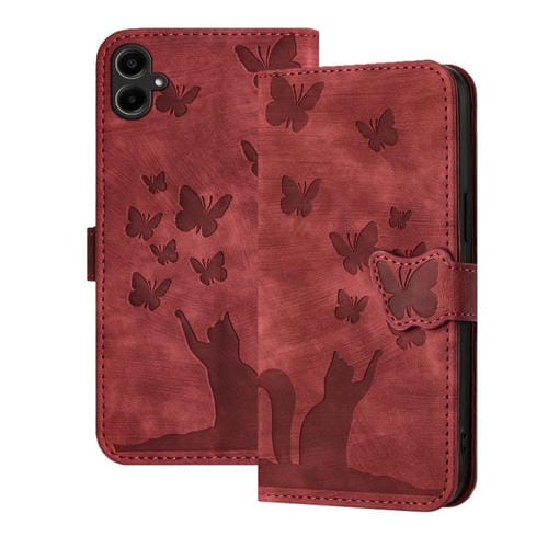 Funda de cuero con tapa y estampado de mariposa y gato para Samsung Galaxy A07 4G / A06 4G (roja)
