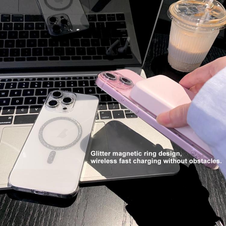 Funda para Teléfono con Anillo Magnético Purpurina y Magsafe para iPhone 14 (Transparente)