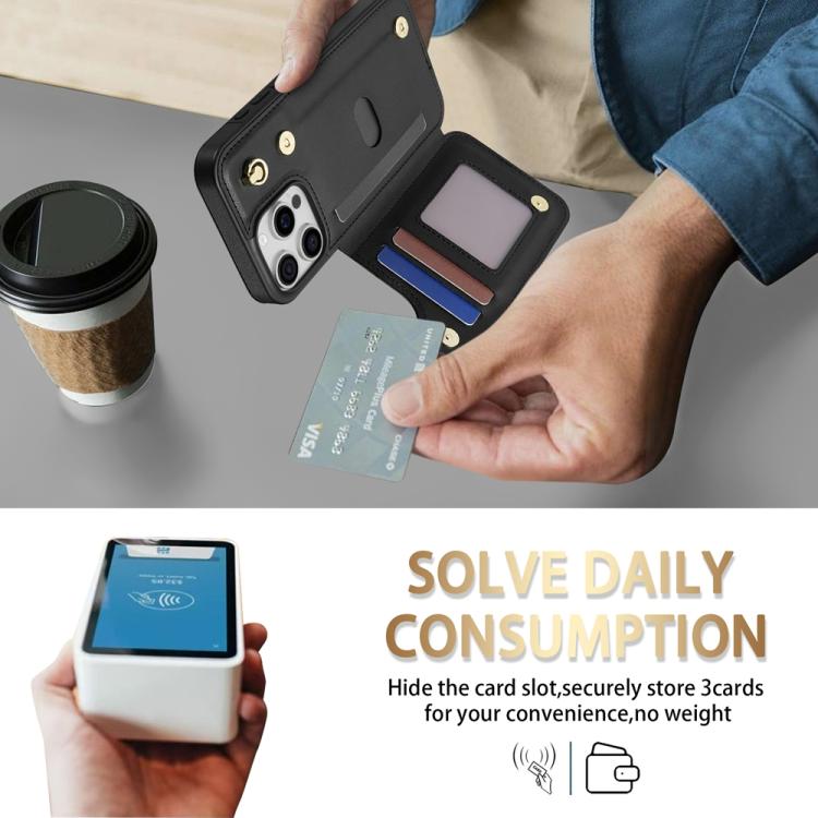 Estuche para Teléfono iPhone 16 Pro Max con Ranuras para Tarjetas y Hebilla Doble Rombal con Cordón (Negro)