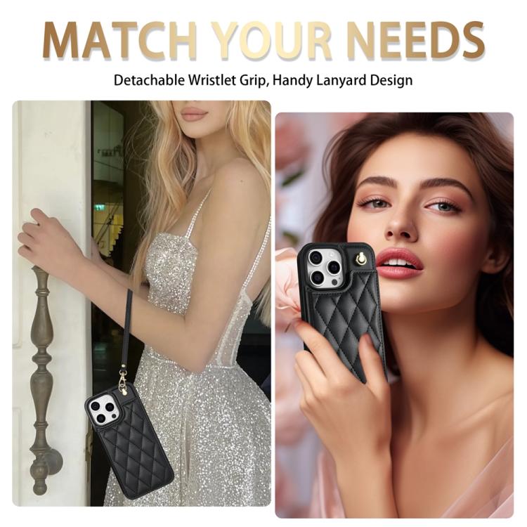 Estuche para Teléfono iPhone 16 Pro Max con Ranuras para Tarjetas y Hebilla Doble Rombal con Cordón (Negro)