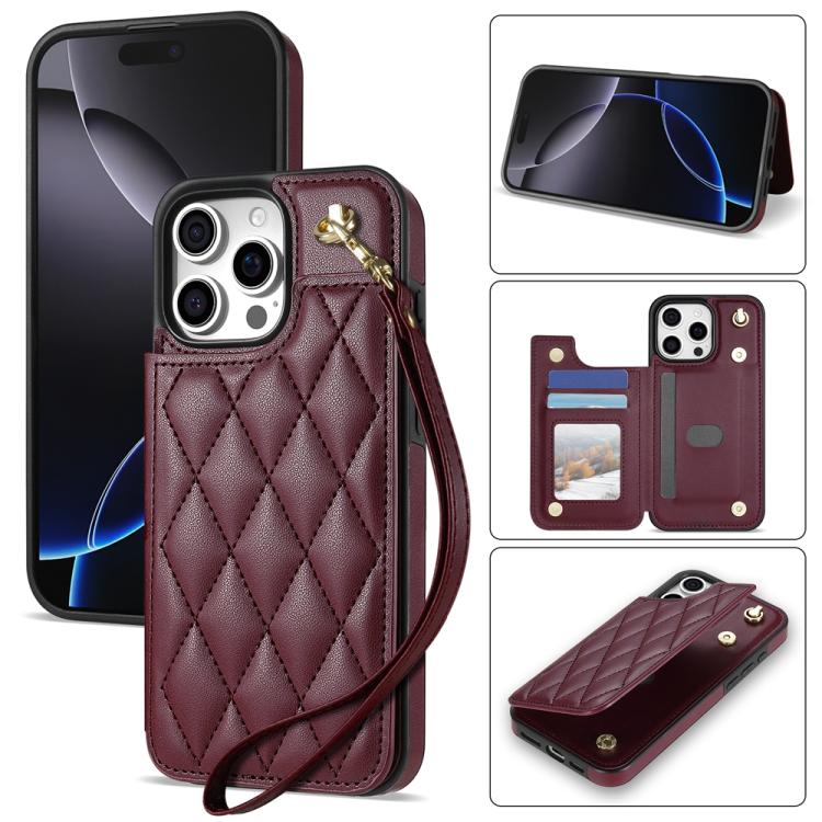 Estuche para Teléfono iPhone 16 Pro Ranuras para Tarjetas Hebilla Doble Rombal con Cordón (Rojo Vino)