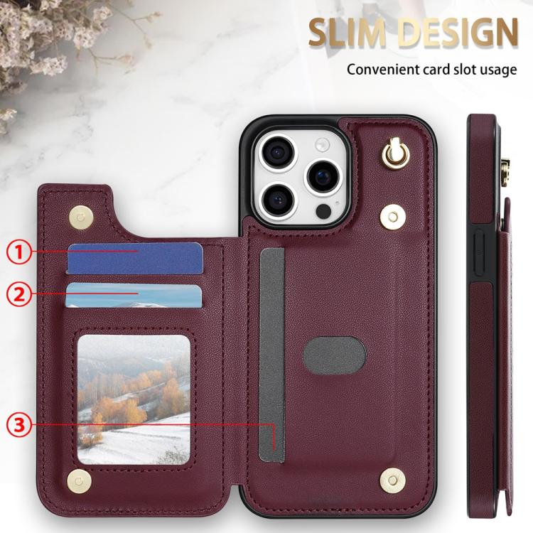 Estuche para Teléfono iPhone 16 Pro Ranuras para Tarjetas Hebilla Doble Rombal con Cordón (Rojo Vino)
