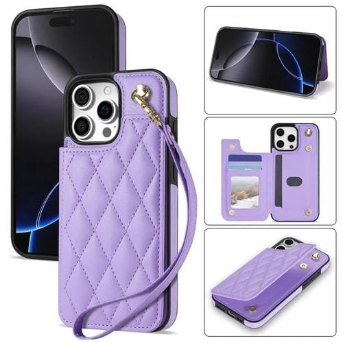 Estuche para Teléfono iPhone 16 Pro Ranuras para Tarjetas Hebilla Doble Rombal Cordón (Morado)