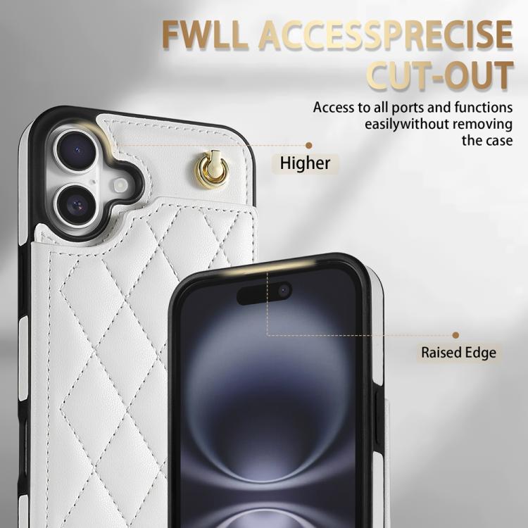 Estuche para Teléfono iPhone 16 Plus Ranuras para Tarjetas Hebilla Doble Rombal con Cordón (Blanco)