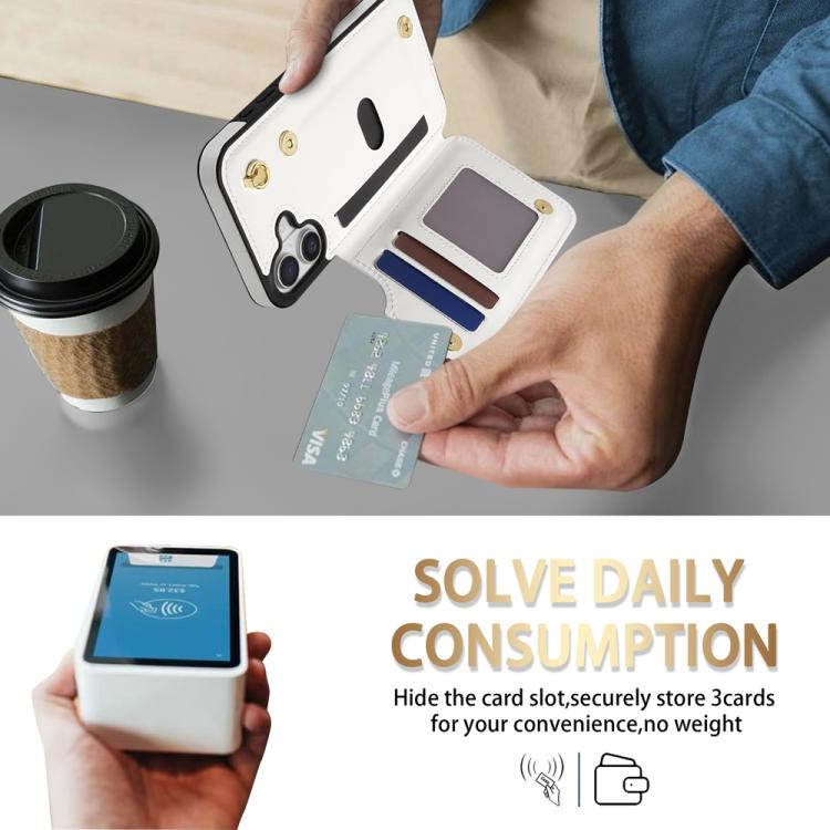 Estuche para Teléfono iPhone 16 Plus Ranuras para Tarjetas Hebilla Doble Rombal con Cordón (Blanco)