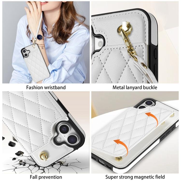 Estuche para Teléfono iPhone 16 Plus Ranuras para Tarjetas Hebilla Doble Rombal con Cordón (Blanco)
