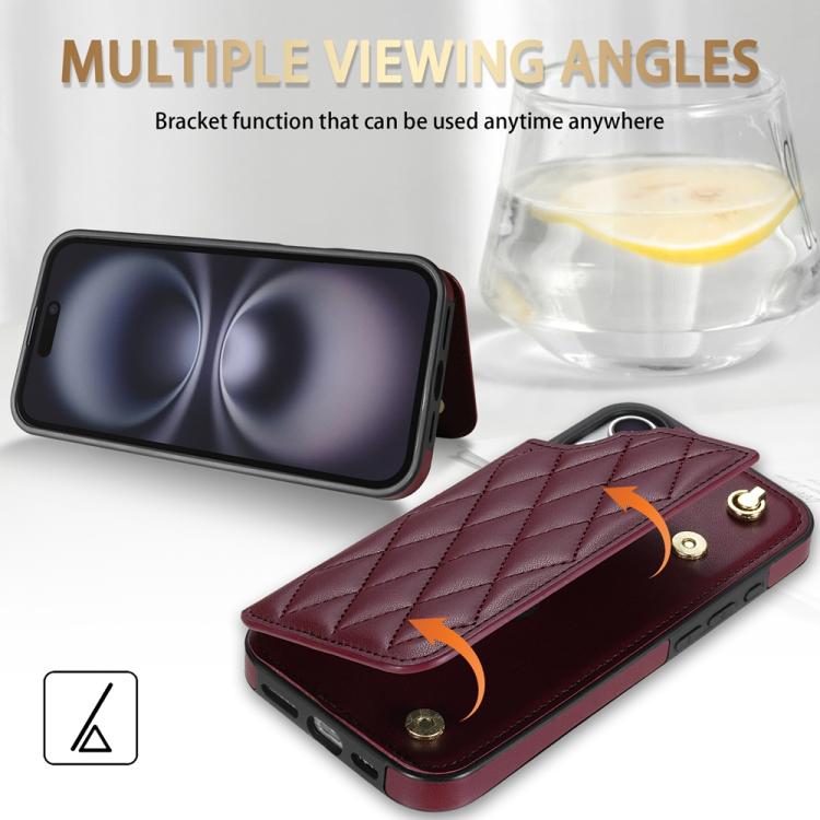 Estuche para Teléfono iPhone 16 Plus con Ranuras para Tarjetas y Hebilla Doble Rombal con Cordón (Rojo Vino)
