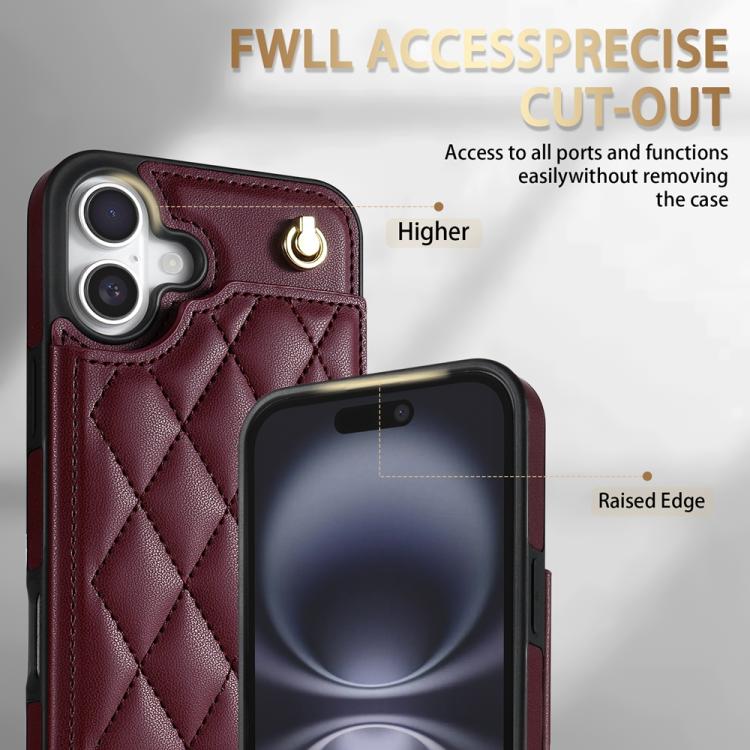 Estuche para Teléfono iPhone 16 Plus con Ranuras para Tarjetas y Hebilla Doble Rombal con Cordón (Rojo Vino)