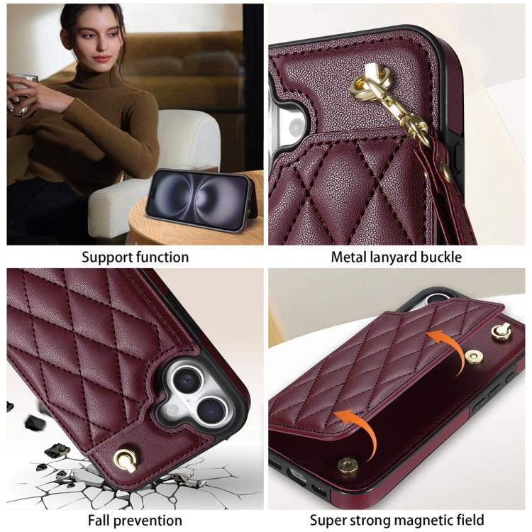 Estuche para Teléfono iPhone 16 Plus con Ranuras para Tarjetas y Hebilla Doble Rombal con Cordón (Rojo Vino)