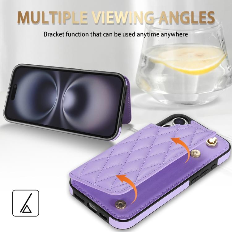 Estuche para Teléfono iPhone 16 Plus con Ranuras para Tarjetas y Hebilla Doble Rombal con Cordón (Morado)
