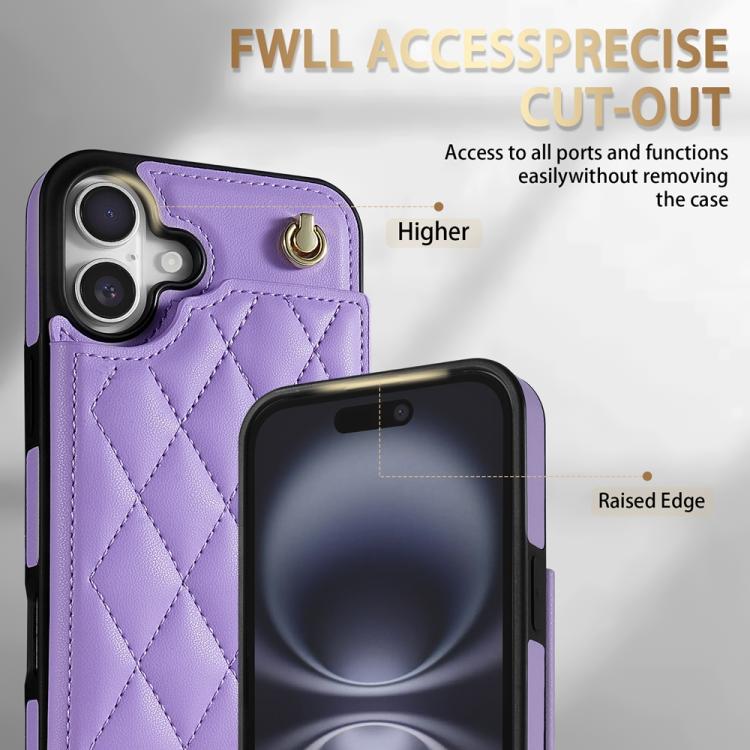 Estuche para Teléfono iPhone 16 Plus con Ranuras para Tarjetas y Hebilla Doble Rombal con Cordón (Morado)