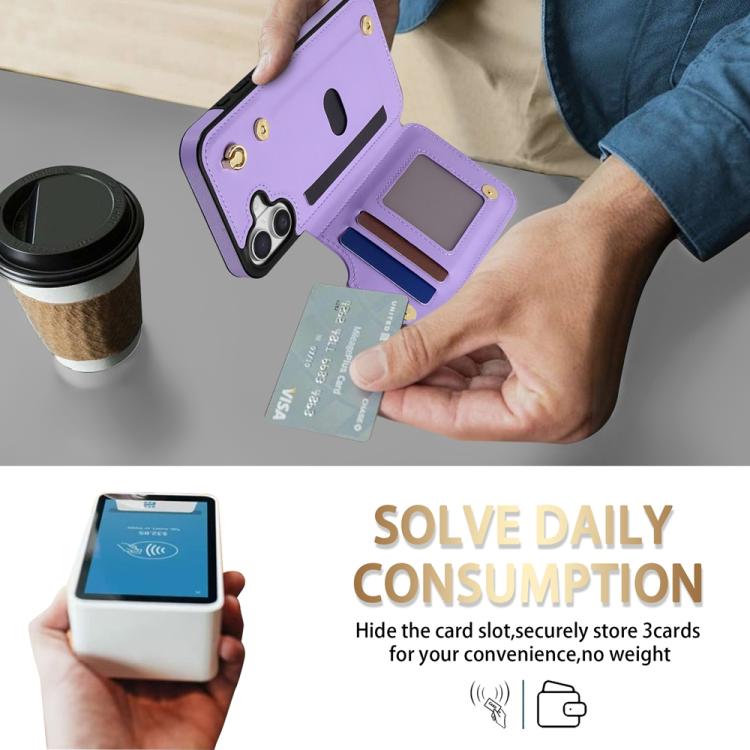 Estuche para Teléfono iPhone 16 Plus con Ranuras para Tarjetas y Hebilla Doble Rombal con Cordón (Morado)