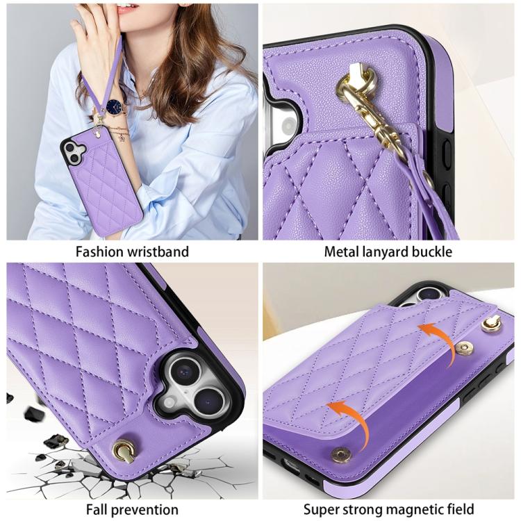 Estuche para Teléfono iPhone 16 Plus con Ranuras para Tarjetas y Hebilla Doble Rombal con Cordón (Morado)