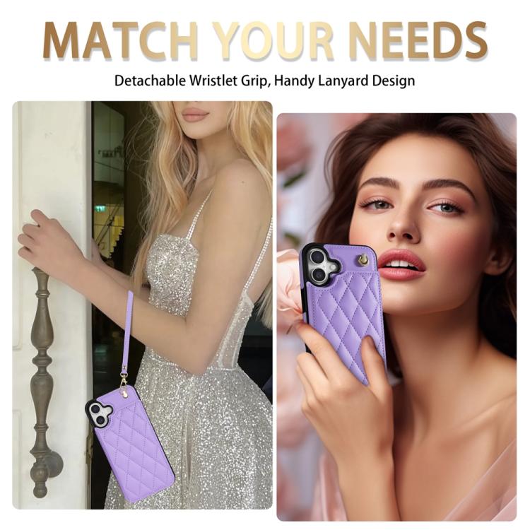 Estuche para Teléfono iPhone 16 Plus con Ranuras para Tarjetas y Hebilla Doble Rombal con Cordón (Morado)