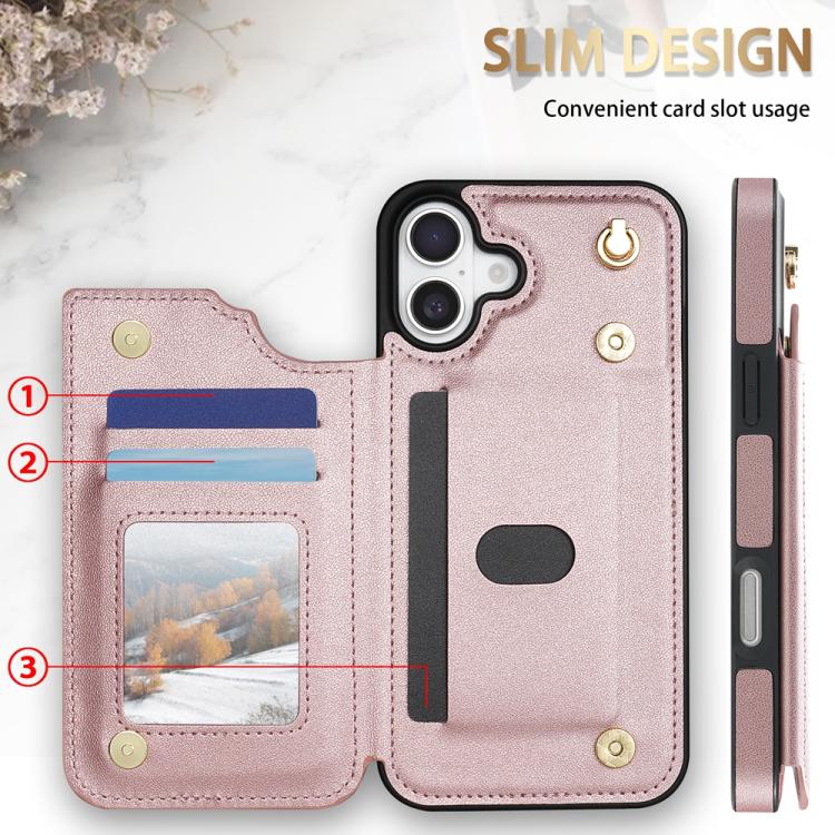 Estuche para Teléfono iPhone 16 con Ranuras para Tarjetas y Hebilla Doble Rombal con Cordón (Oro Rosa)
