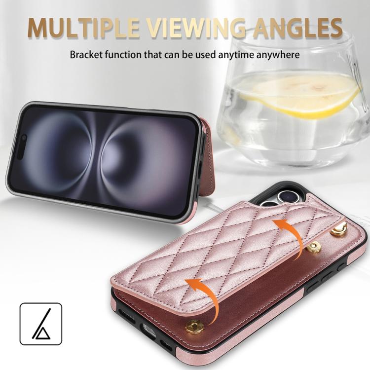 Estuche para Teléfono iPhone 16 con Ranuras para Tarjetas y Hebilla Doble Rombal con Cordón (Oro Rosa)