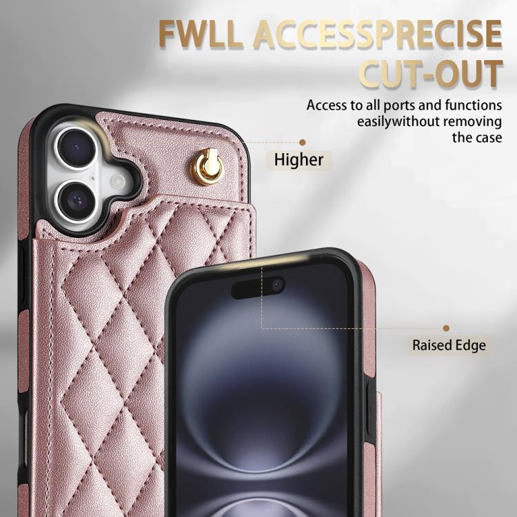 Estuche para Teléfono iPhone 16 con Ranuras para Tarjetas y Hebilla Doble Rombal con Cordón (Oro Rosa)