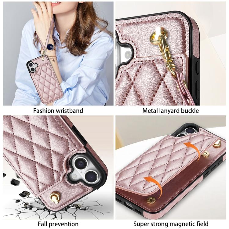 Estuche para Teléfono iPhone 16 con Ranuras para Tarjetas y Hebilla Doble Rombal con Cordón (Oro Rosa)