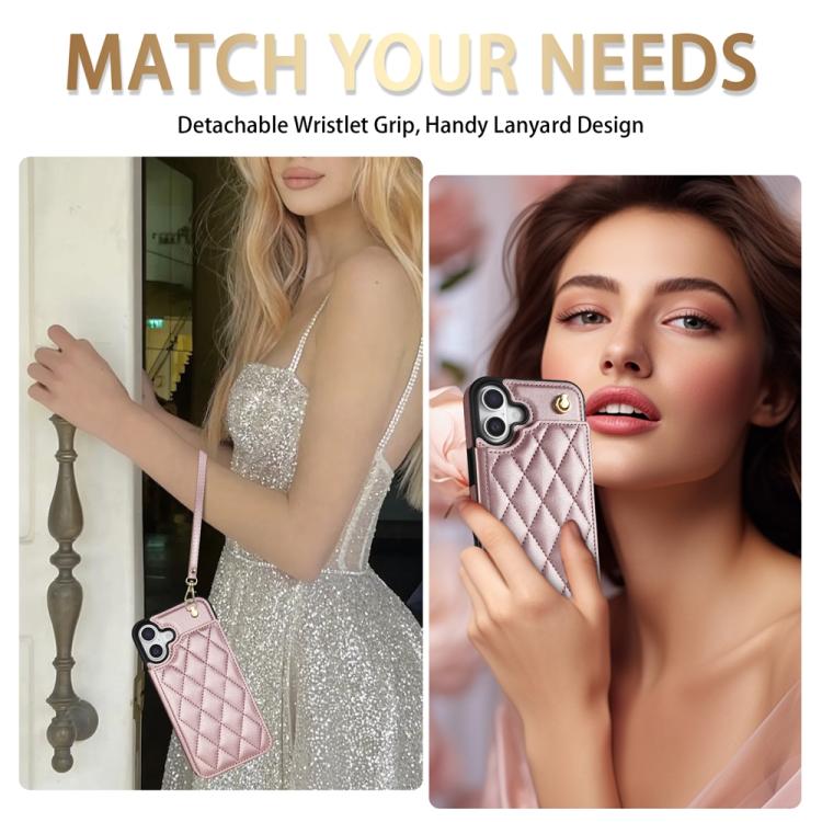 Estuche para Teléfono iPhone 16 con Ranuras para Tarjetas y Hebilla Doble Rombal con Cordón (Oro Rosa)