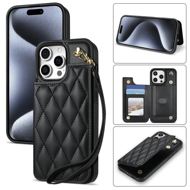 Estuche para Teléfono Rombal iPhone 15 Pro Max Ranuras Tarjetas Hebilla Doble (Negro)