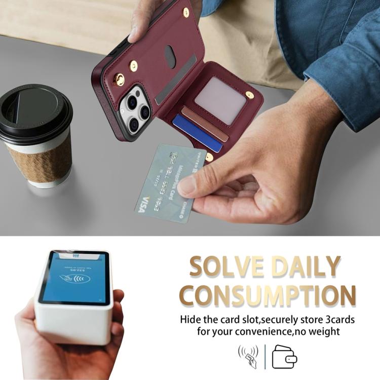 Estuche para Teléfono Rombal para iPhone 15 Pro con Ranuras para Tarjetas y Cordón (Rojo Vino)
