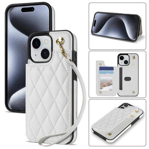 Estuche para Teléfono iPhone 15 Plus Ranuras para Tarjetas Hebilla Doble Rombal con Cordón (Blanco)