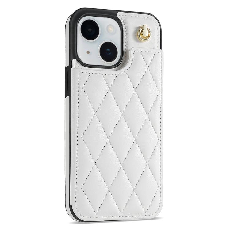 Estuche para Teléfono iPhone 15 Plus Ranuras para Tarjetas Hebilla Doble Rombal con Cordón (Blanco)