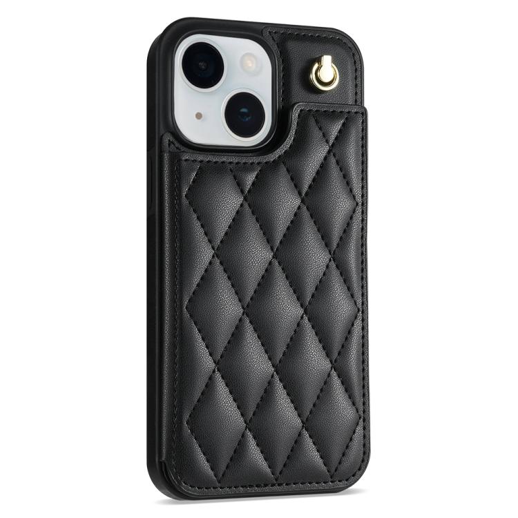 Estuche para Teléfono iPhone 15 Plus con Ranuras para Tarjetas y Hebilla Doble Rombal (Negro)