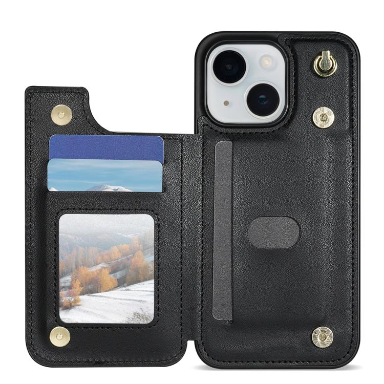 Estuche para Teléfono iPhone 15 Plus con Ranuras para Tarjetas y Hebilla Doble Rombal (Negro)