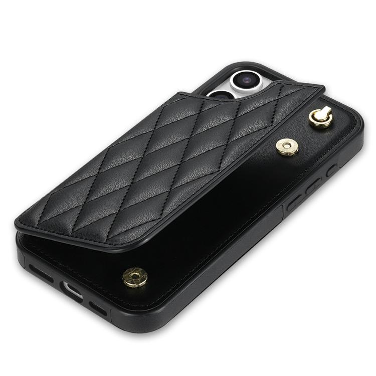Estuche para Teléfono iPhone 15 Plus con Ranuras para Tarjetas y Hebilla Doble Rombal (Negro)